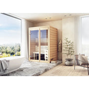 FinA Wellness Frieda Mini Sauna aus Holz in modernem Badezimmer mit Fensterblick