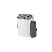 FinA Wellness Frieda Mini Sauna mit weißem Saunaofen, grauer Steuereinheit und gefülltem Steinkorb