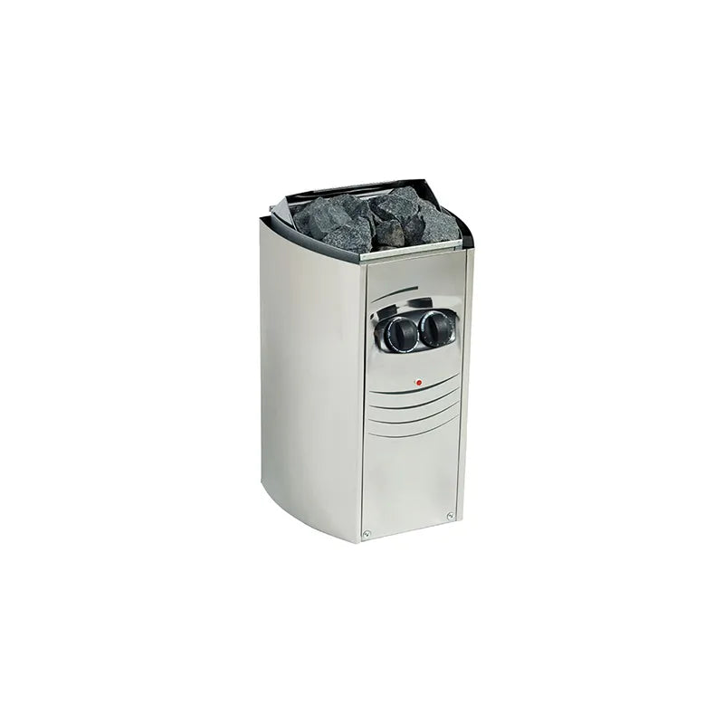 FinA Wellness Frieda Mini Sauna mit weißem Gehäuse, Saunasteine und Bedienelemente sichtbar