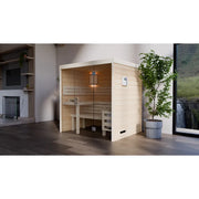 FinA Wellness Frieda Sauna Glasfront mit Glastür in modernem Wohnzimmer