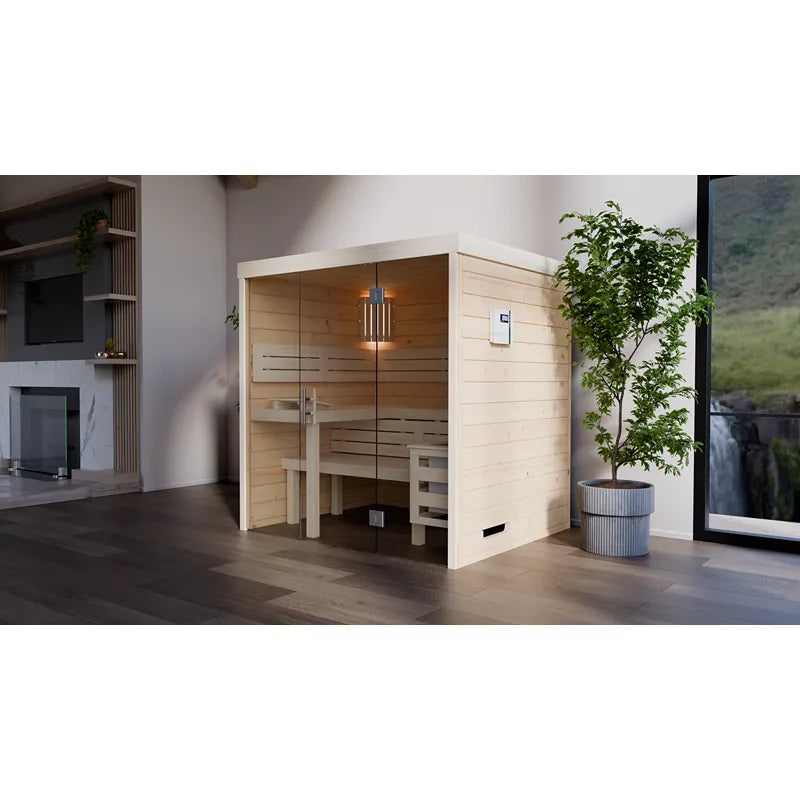 FinA Wellness Frieda Sauna Glasfront mit Glastür in modernem Wohnzimmer