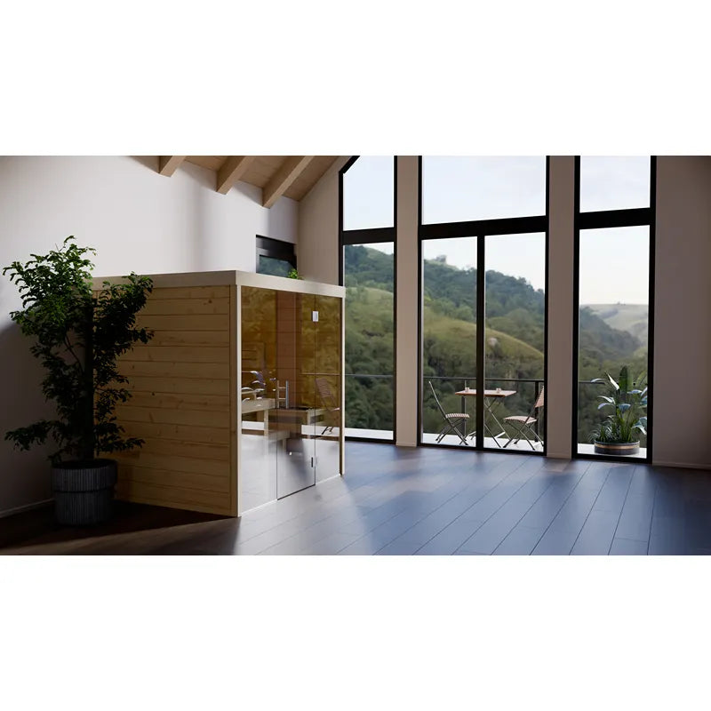 FinA Wellness Frieda Sauna Glasfront mit Holzfront und transparenten Glaselementen in modernem Wohnraum mit Panoramafenstern