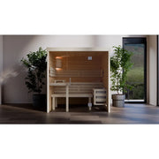 FinA Wellness Frieda Sauna Glasfront mit Glastür in modernem Wohnraum, Holzausführung mit Beleuchtung