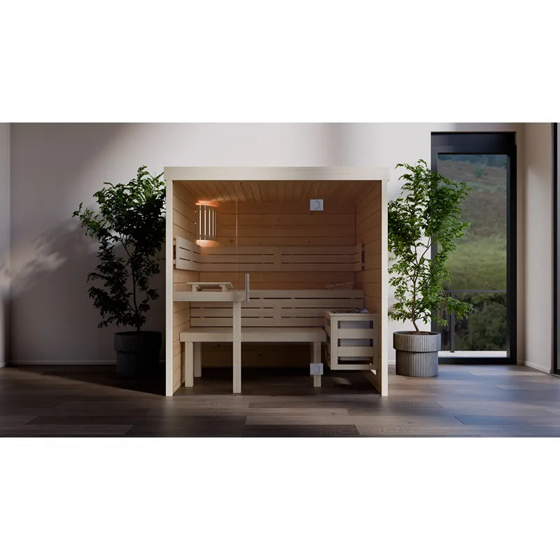 FinA Wellness Frieda Sauna Glasfront mit Glastür in modernem Wohnraum, Holzausführung mit Beleuchtung