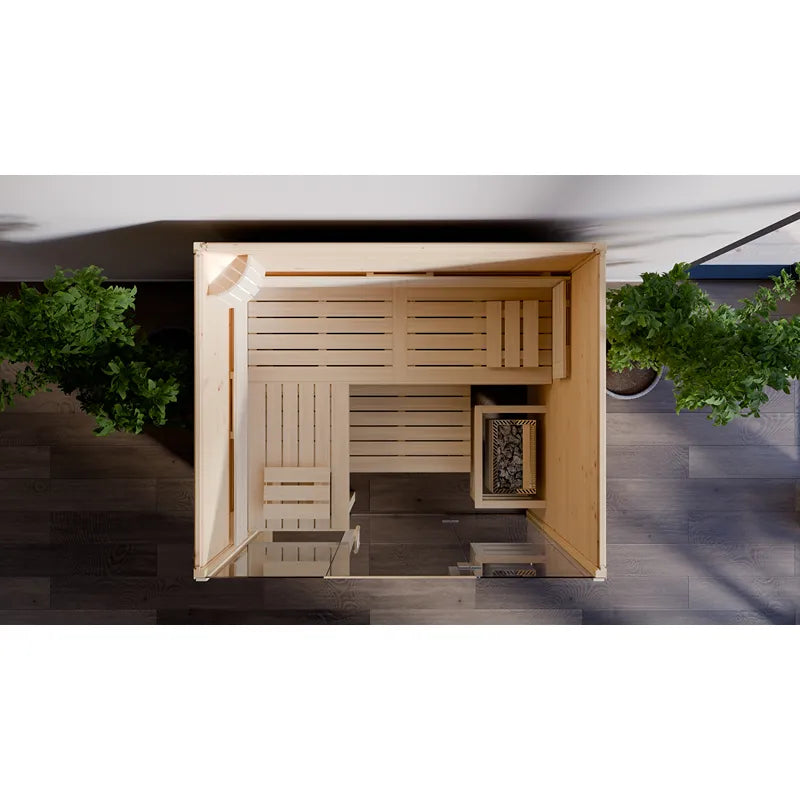FinA Wellness Frieda Sauna Glasfront Innenansicht von oben mit Holzausstattung