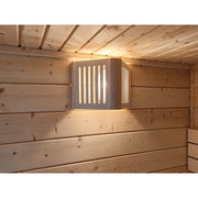 FinA Wellness Frieda Sauna Glasfront mit Infrarotstrahler in Holzinnenraum