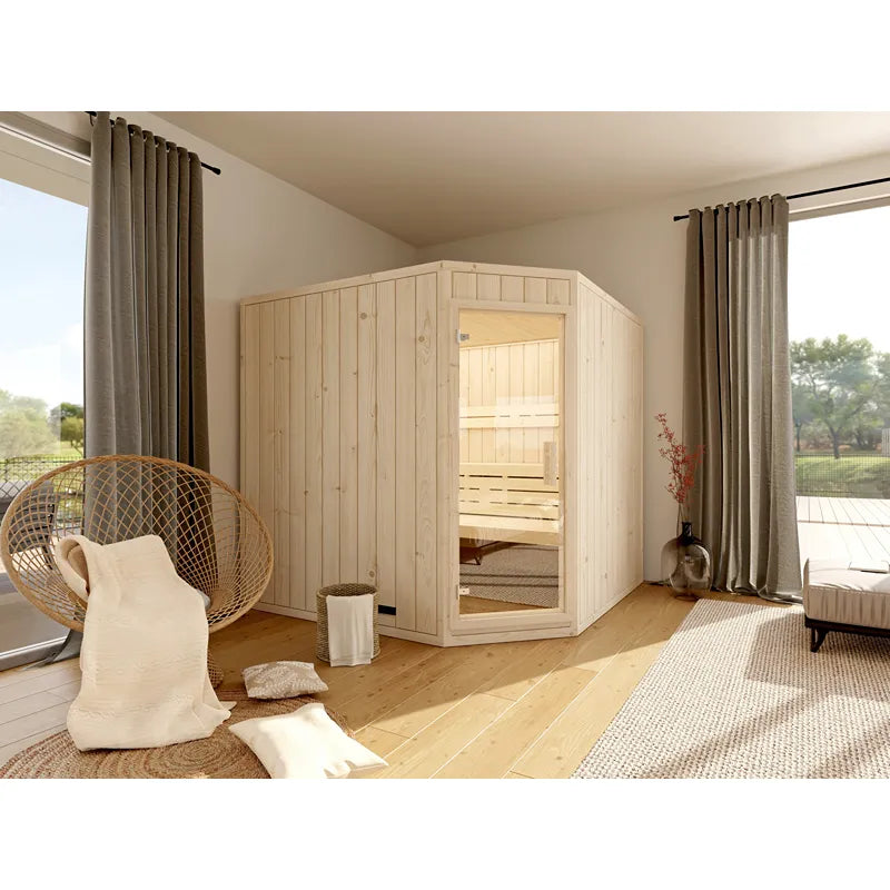 FinA Wellness Leyla Eck Innensauna 5-Eck in hellem Holz im modernen Wohnzimmer mit Panoramafenstern und gemütlicher Einrichtung