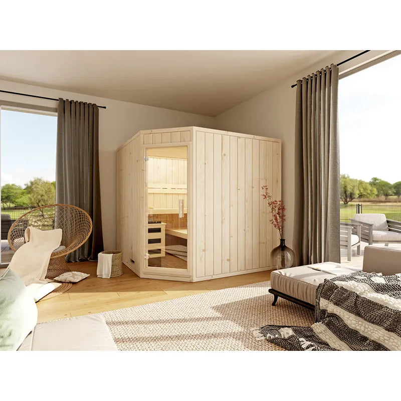 FinA Wellness Leyla Eck Innensauna 5-Eck in hellem Schlafzimmer mit Holzboden und großen Fenstern