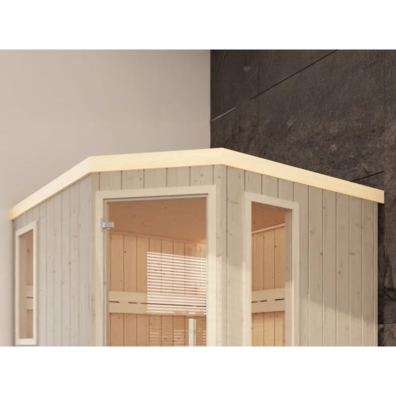 FinA Wellness Leyla Eck Innensauna 5-Eck mit heller Holzverkleidung und Glastür in modernem Badezimmer