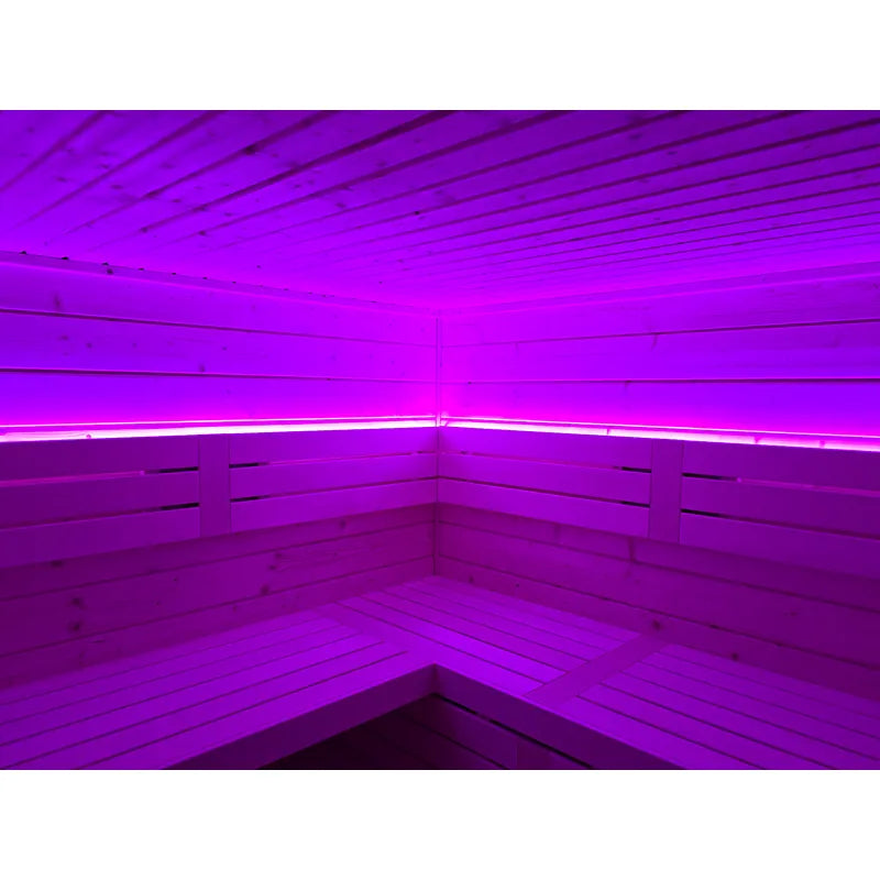 FinA Wellness Leyla Innensauna Teil-Glasfront – Massivholz 2,05m Innenraum mit Holzbänken und LED-Beleuchtung