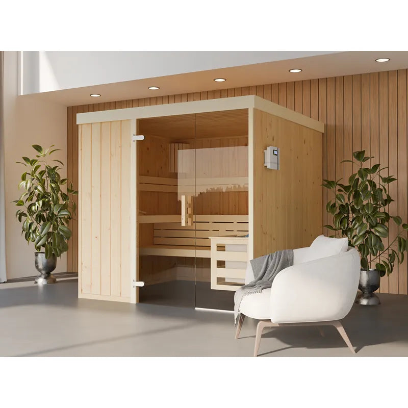 FinA Wellness Leyla Innensauna Teil-Glasfront – Massivholz 2,05m mit Holzbänken in modernem Wellness-Raum