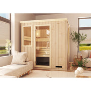 FinA Wellness Leyla Sauna aus Holz in modernem Wohnzimmer mit natürlicher Einrichtung