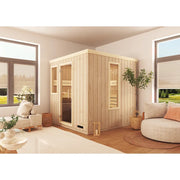 FinA Wellness Leyla Sauna aus Holz in modernem Wohnzimmer mit großen Fenstern und heller Einrichtung