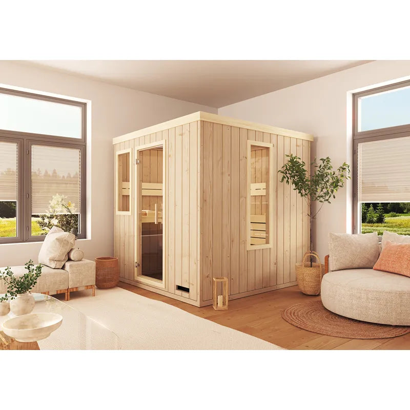 FinA Wellness Leyla Sauna aus Holz in modernem Wohnzimmer mit großen Fenstern und heller Einrichtung