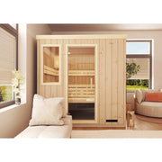 FinA Wellness Leyla Sauna aus Holz in modernem Wohnzimmer mit großem Fenster