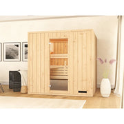 FinA Wellness Leyla Sauna aus Holz in hellem Wohnzimmer mit Glasfenster und Holzbänken