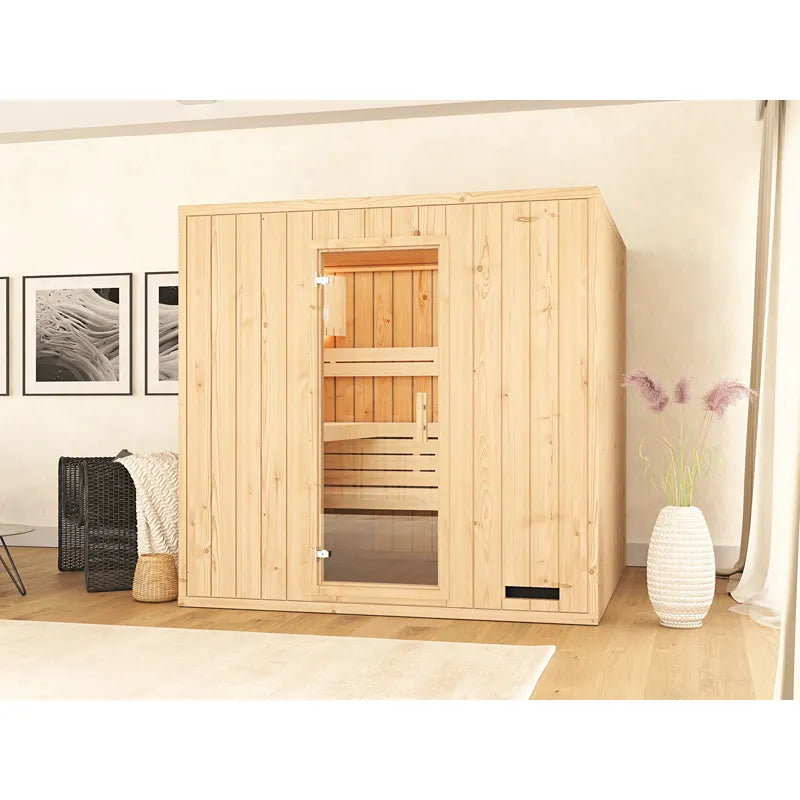 FinA Wellness Leyla Sauna aus Holz in hellem Wohnzimmer mit Glasfenster und Holzbänken