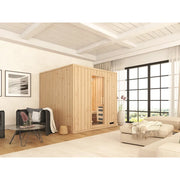 FinA Wellness Leyla Sauna aus Holz in modernem Wohnzimmer mit hellen Wänden und großen Fenstern