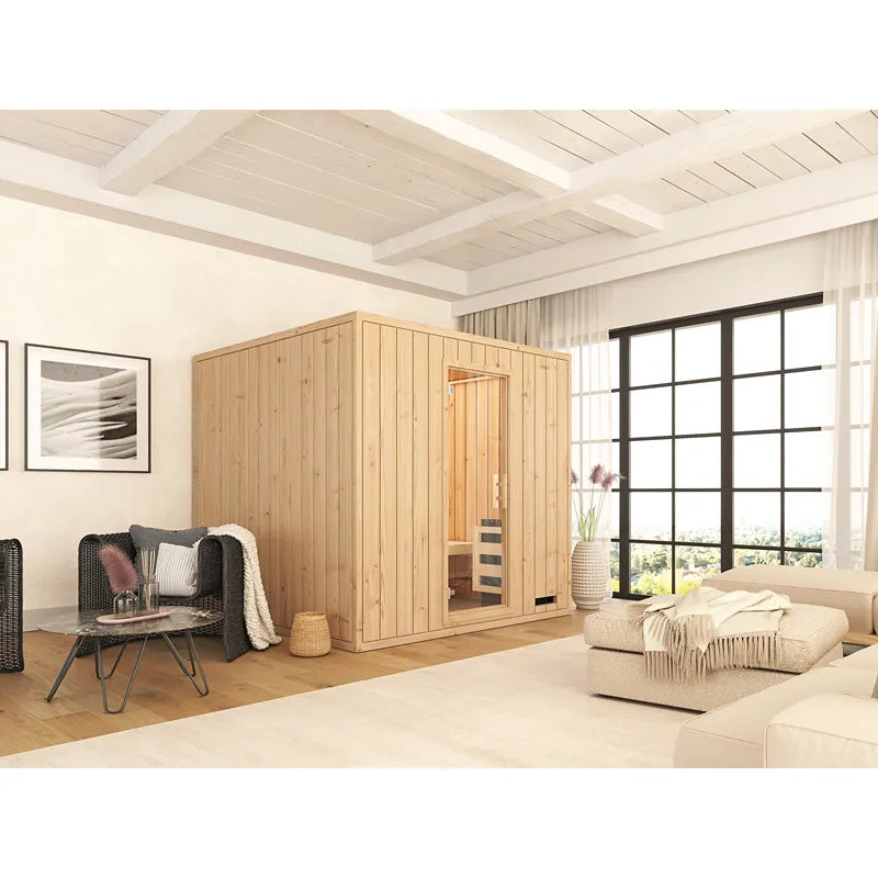 FinA Wellness Leyla Sauna aus Holz in modernem Wohnzimmer mit hellen Wänden und großen Fenstern