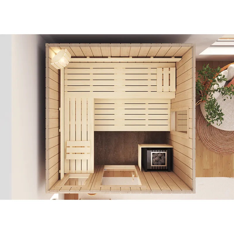 FinA Wellness Leyla Sauna Innenansicht von oben mit Holzbänken und Infrarotheizung