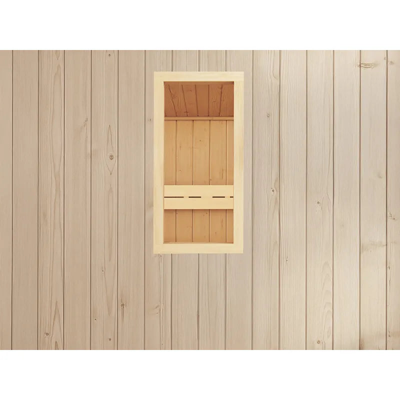 FinA Wellness Leyla Sauna Holzfenster mit hellem Rahmen und braunem Inneren Detail