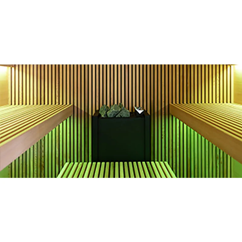 FinA Wellness Leyla Sauna Glasfront Innenansicht mit Holzbänken und Saunaofen