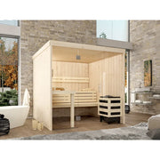 FinA Wellness Leyla Sauna Glasfront in modernem Badezimmer mit Natursteinwand und freistehender Badewanne