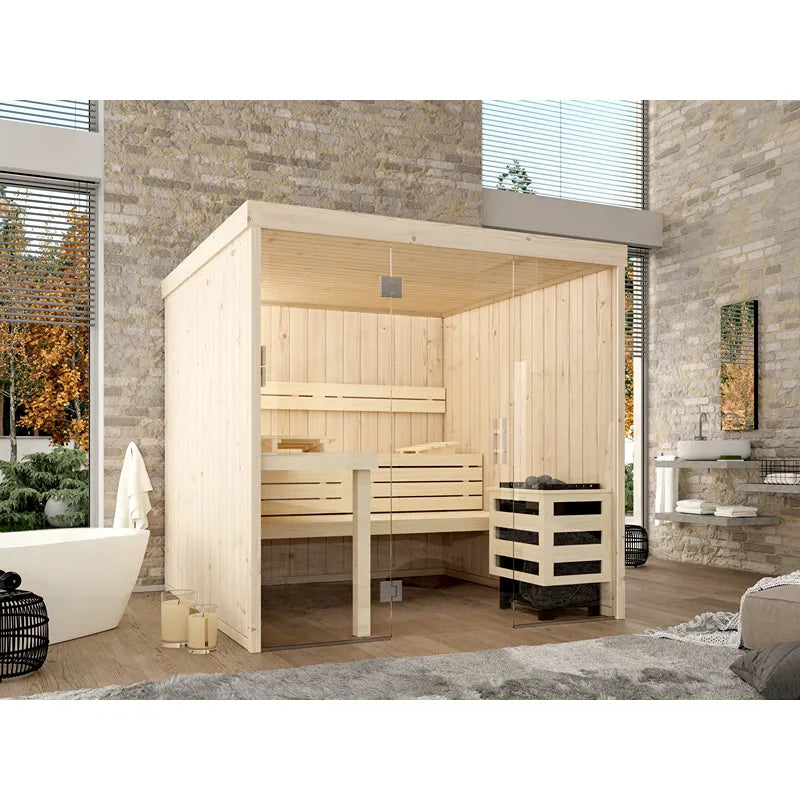FinA Wellness Leyla Sauna Glasfront in modernem Badezimmer mit Natursteinwand und freistehender Badewanne