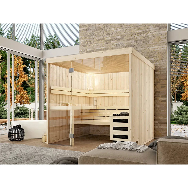 FinA Wellness Leyla Sauna Glasfront mit Glastür in modernem Wellnessraum, Holzausstattung und Saunaofen