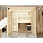 FinA Wellness Leyla Sauna Glasfront von oben, Holzinnenraum mit Bänken und Glasfront