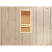 FinA Wellness Leyla Sauna Glasfront mit rechteckigem Fenster und heller Holzkonstruktion