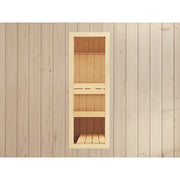 FinA Wellness Leyla Sauna Glasfront mit hellem Holzrahmen und Innenansicht der Saunakabine