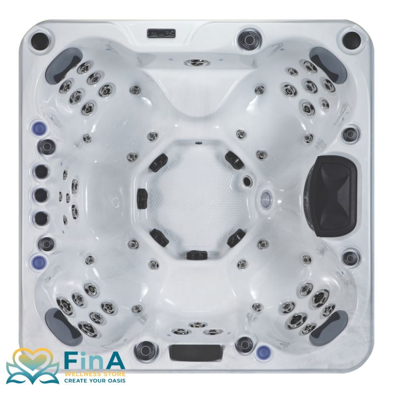Topansicht des FinA Soluna Whirlpools für 7 Personen mit symmetrisch angeordneten Massagedüsen, ergonomischen Sitzen und zentralem Fußbereich