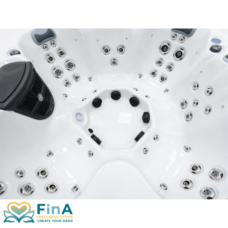 Innenansicht des FinA Soluna Whirlpools mit vollständiger Sitzanordnung und flächendeckender Düsenverteilung für intensive Hydromassage