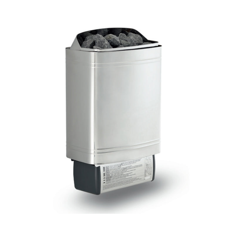 Infraworld Hotline V2 Saunaofen in Weiß mit grauem Saunasteinbett und schwarzer Steuereinheit für finnische Saunen