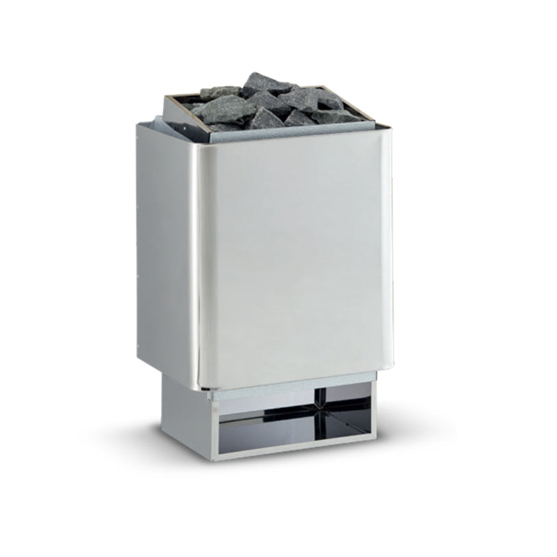 Infraworld Hotline V4 Saunaofen mit weißem Stahlgehäuse, befüllt mit dunklen Saunasteinen, frontal fotografiert