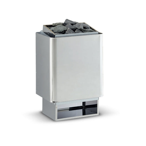 Infraworld Hotline V4 Saunaofen mit weißem Stahlgehäuse, befüllt mit dunklen Saunasteinen, frontal fotografiert