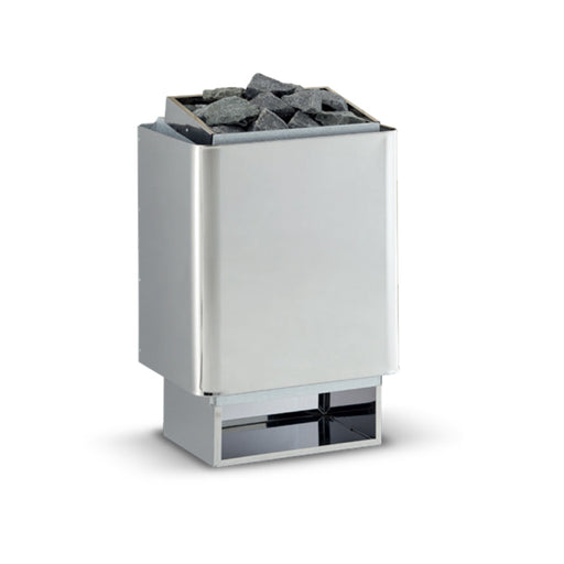Infraworld Finnischer Saunaofen Hotline V4 mit weißem Stahlgehäuse und gefülltem Saunasteinkorb auf schwarzem Untergestell