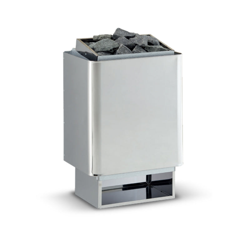 Infraworld Finnischer Saunaofen Hotline V6 mit weißem Gehäuse und grauem Saunagranulat, Frontansicht mit Heizspirale sichtbar