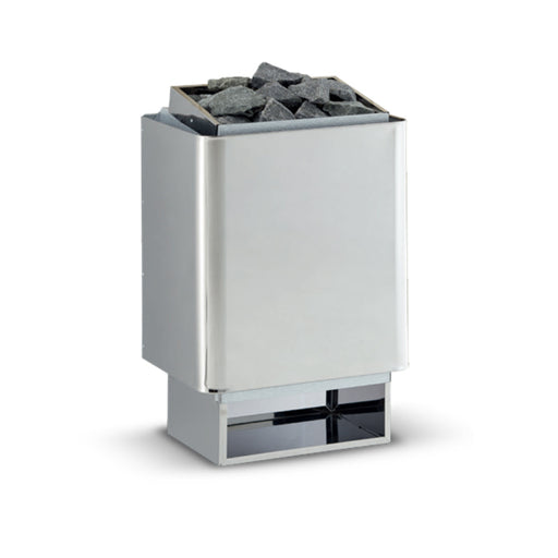 Infraworld Finnischer Saunaofen Hotline V6 mit weißem Gehäuse und grauem Saunagranulat, Frontansicht mit Heizspirale sichtbar