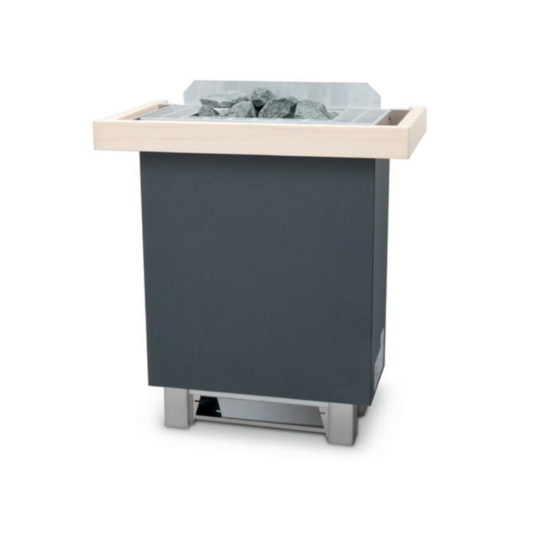 Infraworld Finnischer Saunaofen Hotline V9, grauer Korpus mit Holzrahmen, gefüllt mit Saunasteinen und Verdampfer