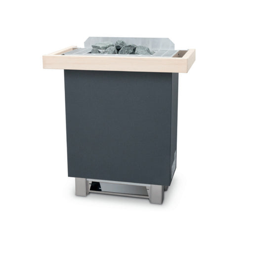 Infraworld Finnischer Saunaofen Hotline V9, grauer Korpus mit Holzrahmen, gefüllt mit Saunasteinen und Verdampfer