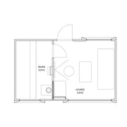 Grundriss der Genevas Davos 1 Gartensauna mit drei Bereichen: Sauna (3,8 m²), Dusche (1,8 m²) und Lounge (8,1 m²). Die Sauna und Dusche befinden sich links, die großzügige Lounge mit Sitzmöbeln und Beistelltisch rechts.