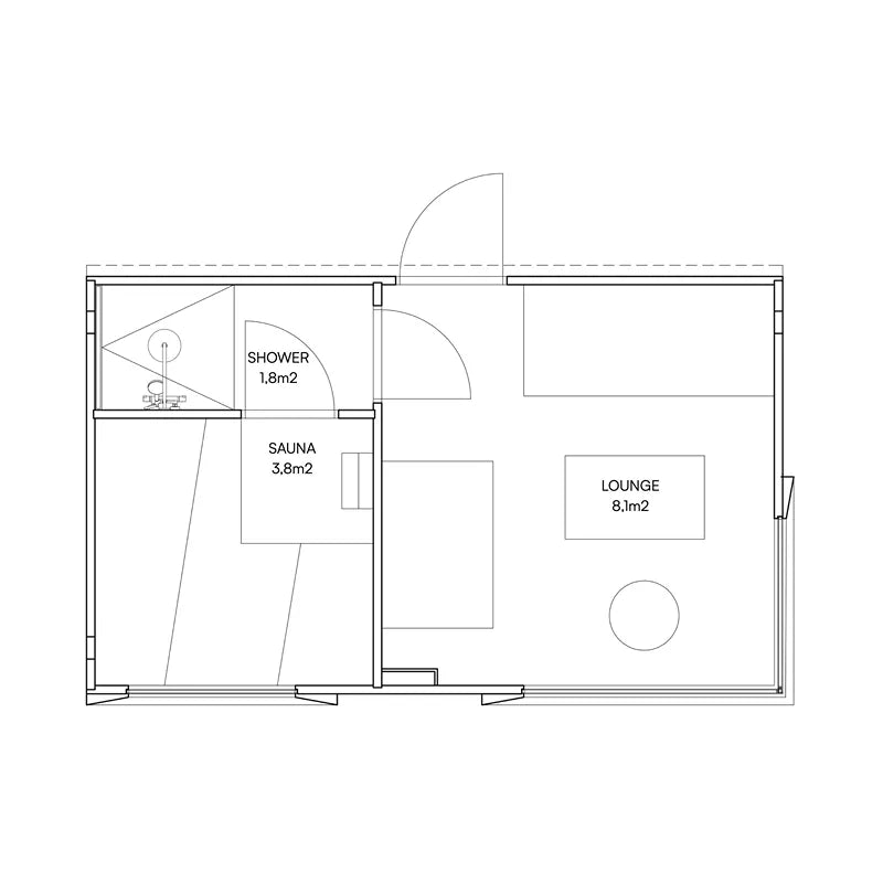Grundriss der Genevas Davos 2 Gartensauna mit zwei Bereichen: Sauna (5,2 m²) links und Lounge (5,2 m²) rechts, gleichmäßig aufgeteilt. Kompaktes Zwei-Raum-Layout ohne separate Dusche.
