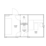 Grundriss der Genevas Davos 2.5 Gartensauna mit vier Bereichen: Lounge (5,7 m²) links, WC (1,0 m²) und Dusche (1,5 m²) in der Mitte, Sauna (5,7 m²) rechts. Vollausgestattetes Layout mit sanitären Einrichtungen.