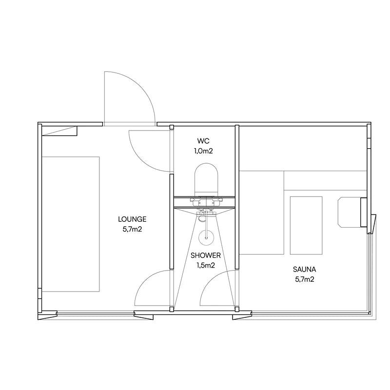 Grundriss der Genevas Davos 2.5 Gartensauna mit vier Bereichen: Lounge (5,7 m²) links, WC (1,0 m²) und Dusche (1,5 m²) in der Mitte, Sauna (5,7 m²) rechts. Vollausgestattetes Layout mit sanitären Einrichtungen.