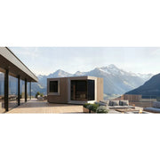 Genevas Davos 1 Modular Sauna mit Holzverkleidung auf moderner Terrasse mit Bergblick