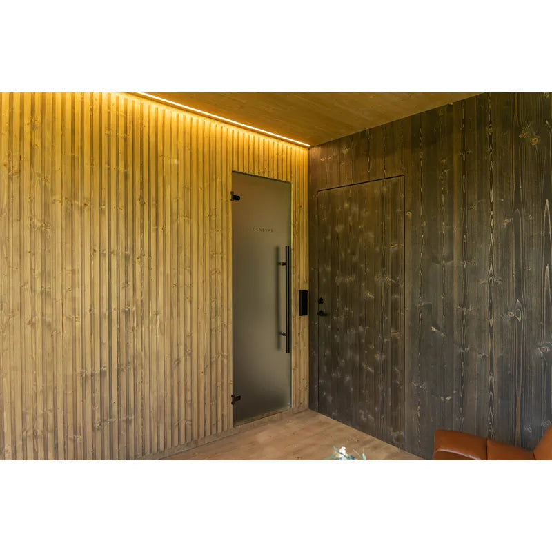Genevas Davos 1 Modular Sauna Innenraum mit Glastür und Holzverkleidung