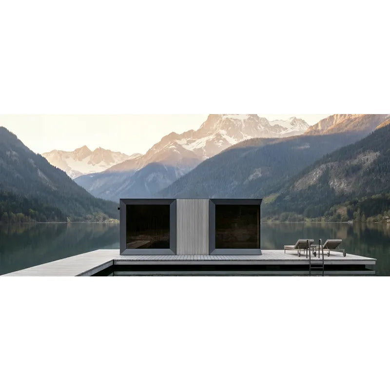 Genevas St. Moritz Modular Sauna Shower am Bergsee mit Panoramablick auf schneebedeckte Alpen