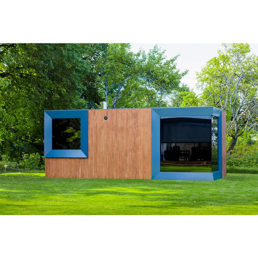 Genevas Zürich Modular Sauna mit blauem Rahmen und Holzverkleidung im Garten